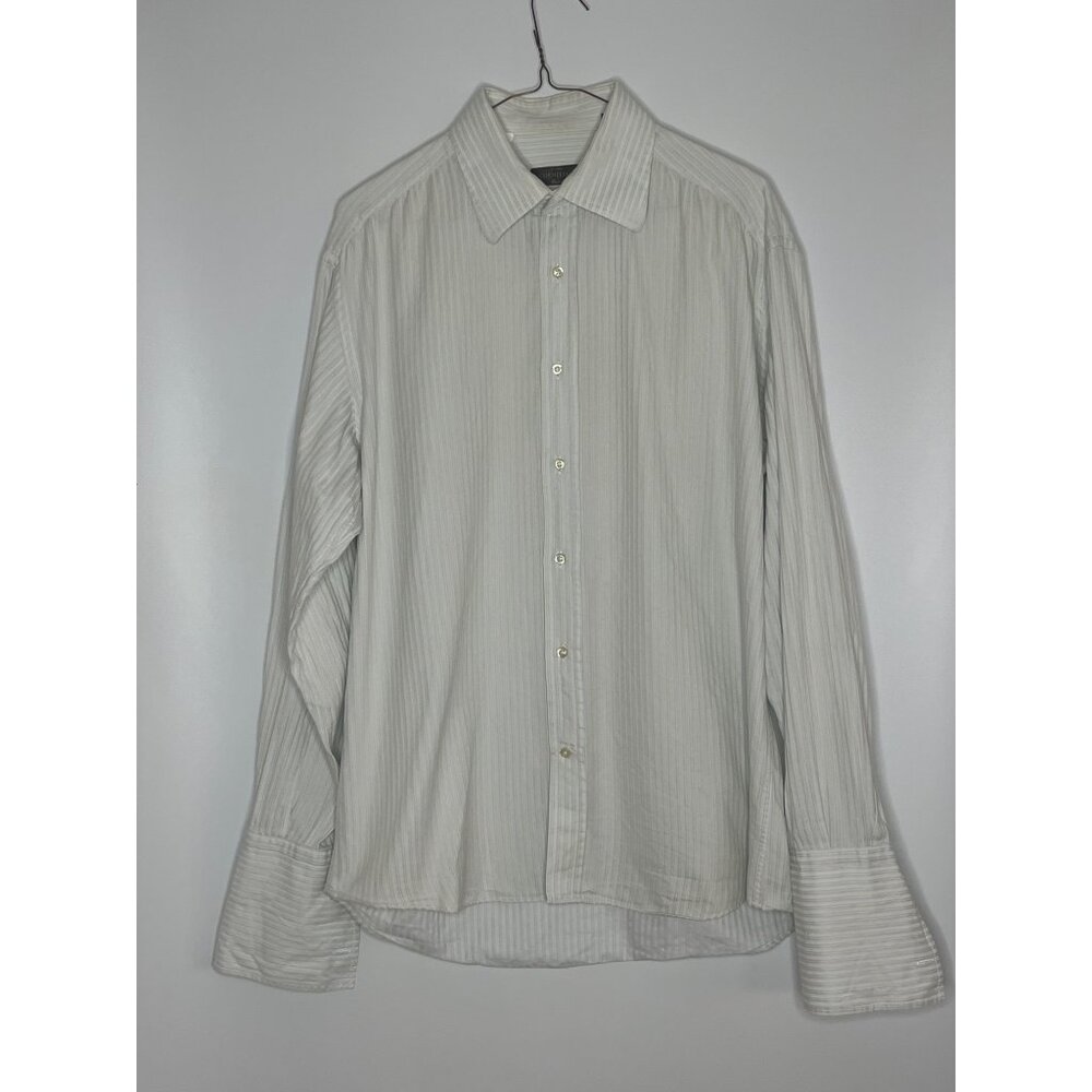 Corneliani Textured Stripe French Cuff Button Front Dress Shirt Blue Cream 16/41